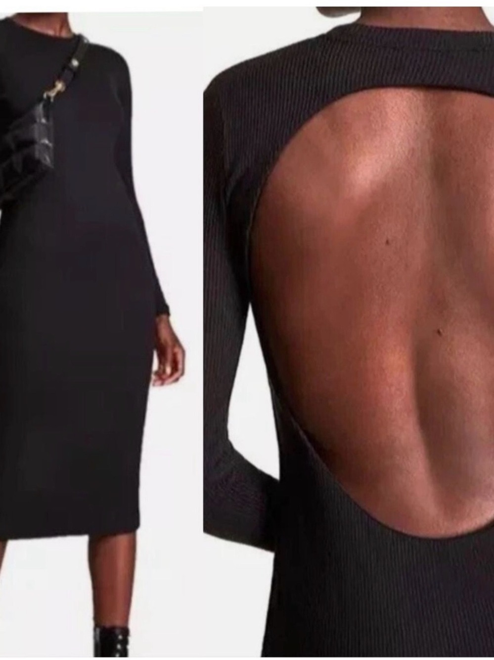 All Saints Black Ribbed Open-Back Midi Dress